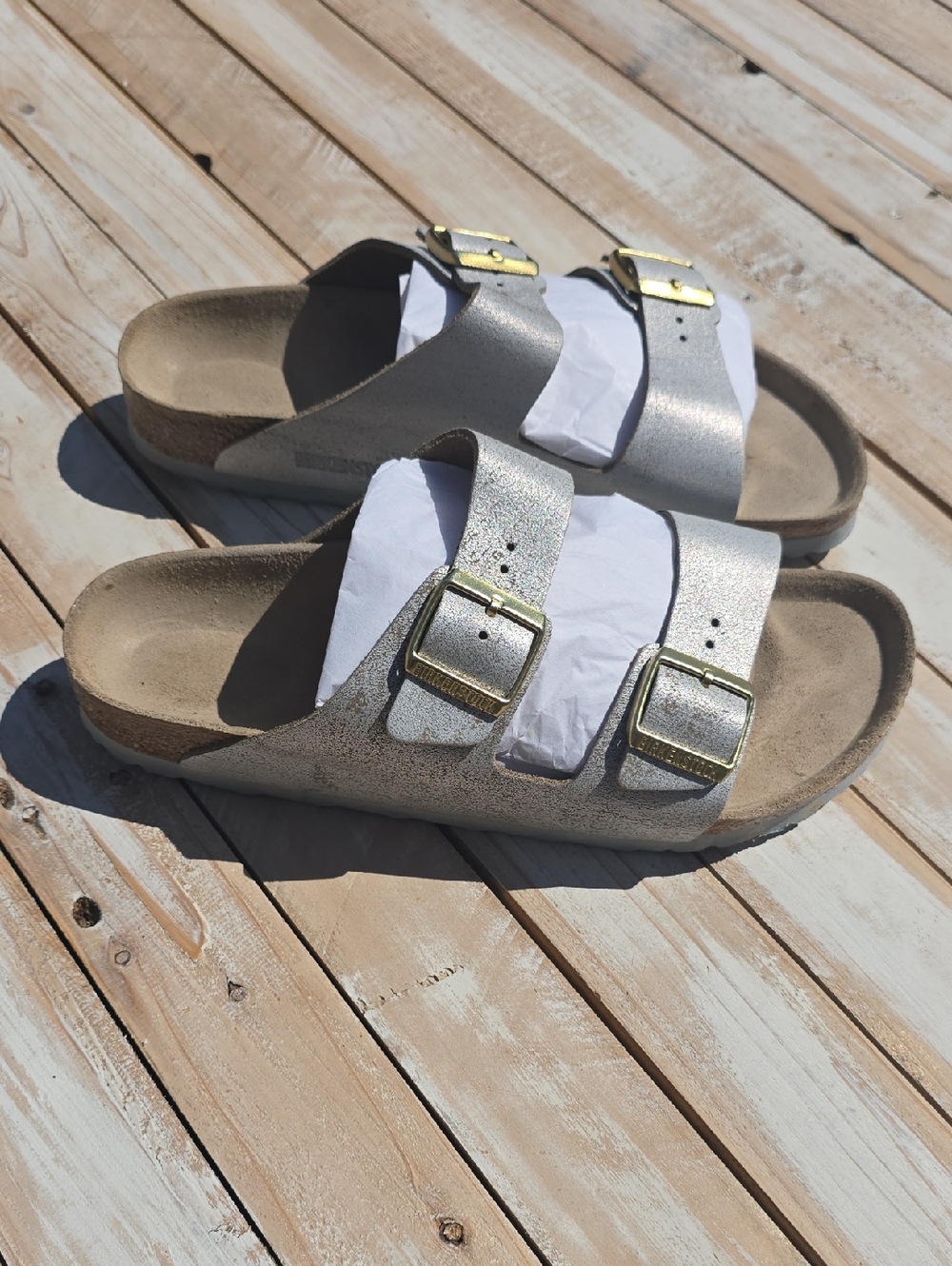 Birkenstock Arizona Big Buckle Washed Metallic Silver Leather Size 42  (11)